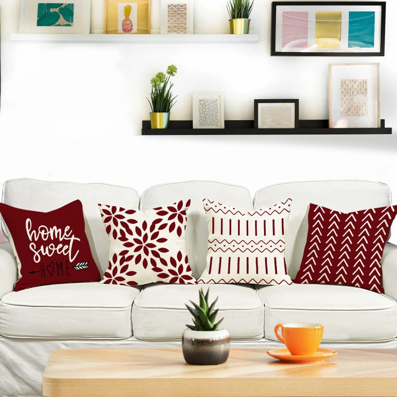 YCOLL Christmas Pillow Covers 18x18 Set of 4, Modern Sofa Throw Pillow Cover for Christmas Decor, Decorative Outdoor Linen Fabric Pillow Case for Couch Bed Car, Wine Red - Image 2